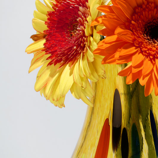 Small Ambar blown glass vase with colorful details, 20.5 cm tall and wide - Glasscor Store