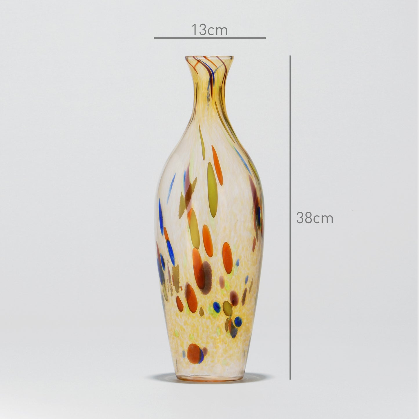 Amber blown glass vase with colorful details, 38 cm tall and 13 cm wide.