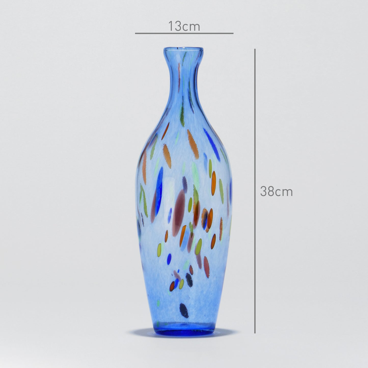 Blue blown glass vase with colorful details, 38 cm tall and 13 cm wide. Glasscor Store