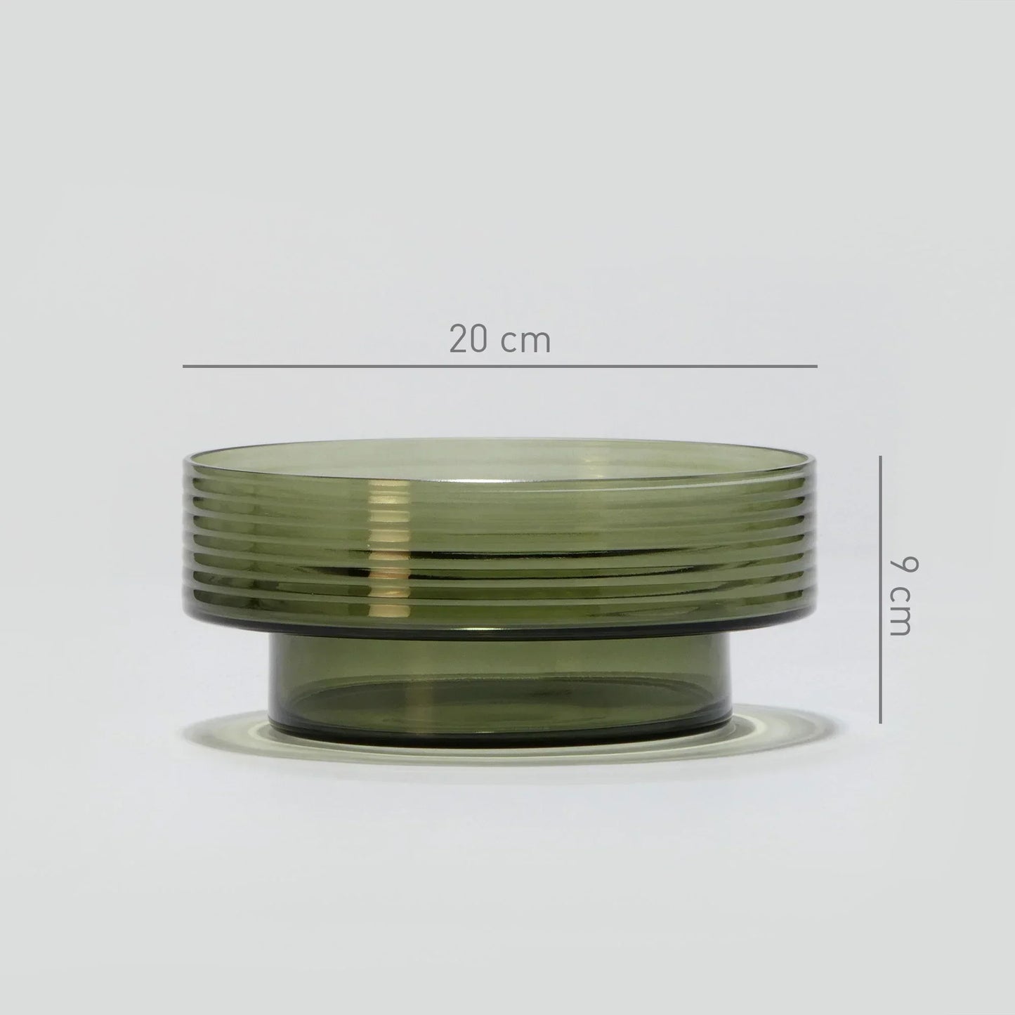 Green smoked glass jar, ribbed design, 20 cm diameter, 9 cm height, modern decor
