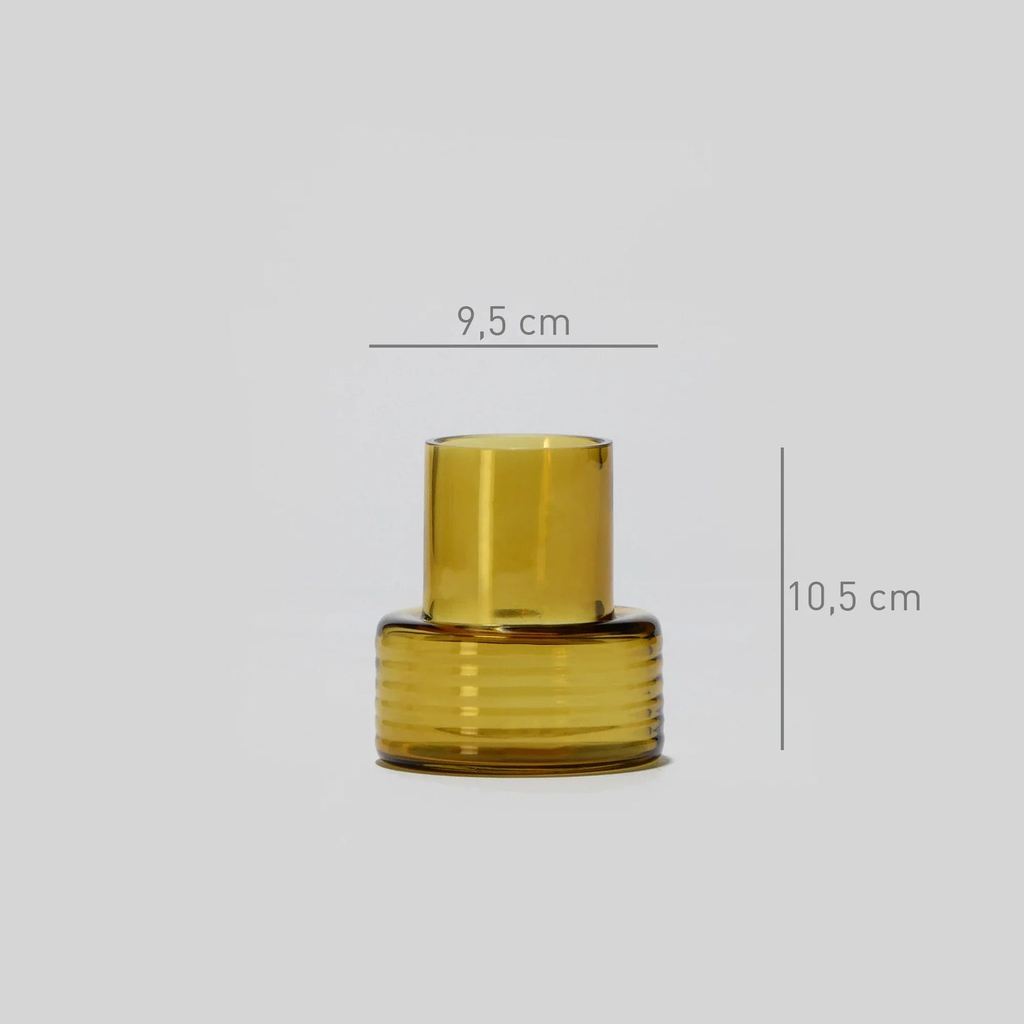 Mustard yellow blown glass vase with ribbed texture, 9.5 cm wide, 10.5 cm tall.