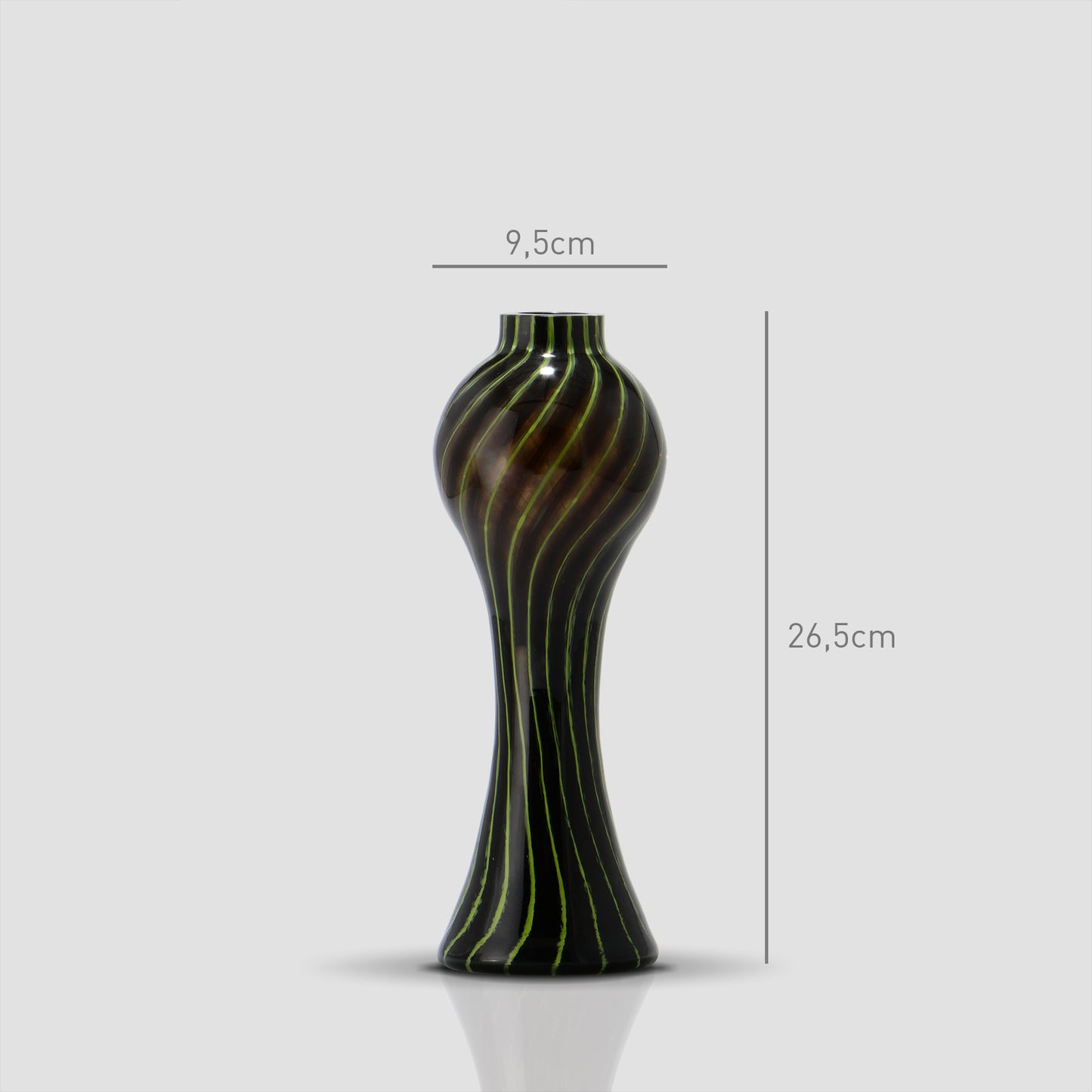 Small Prumo dark glass vase with green stripes, 26.5 cm tall and 9.5 cm wide - Glasscor Store