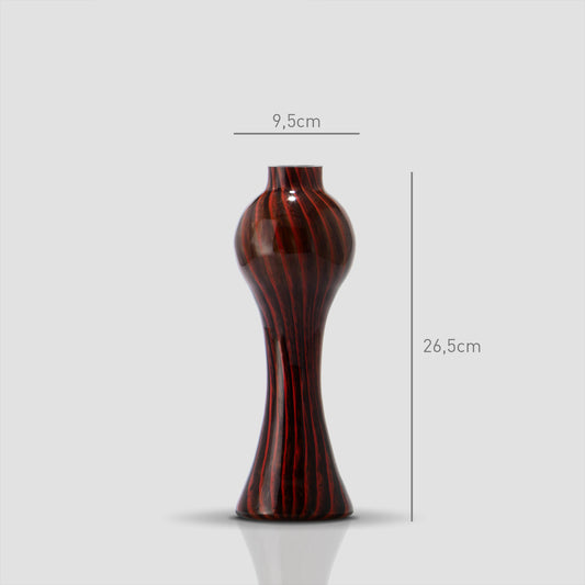 Small Prumo dark glass vase with red stripes, 26.5 cm tall and 9.5 cm wide - Glasscor Store