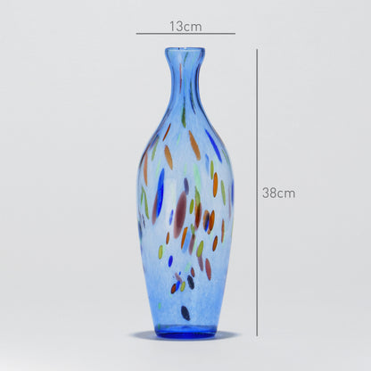 Blue blown glass vase with colorful details, 38 cm tall and 13 cm wide. Glasscor Store
