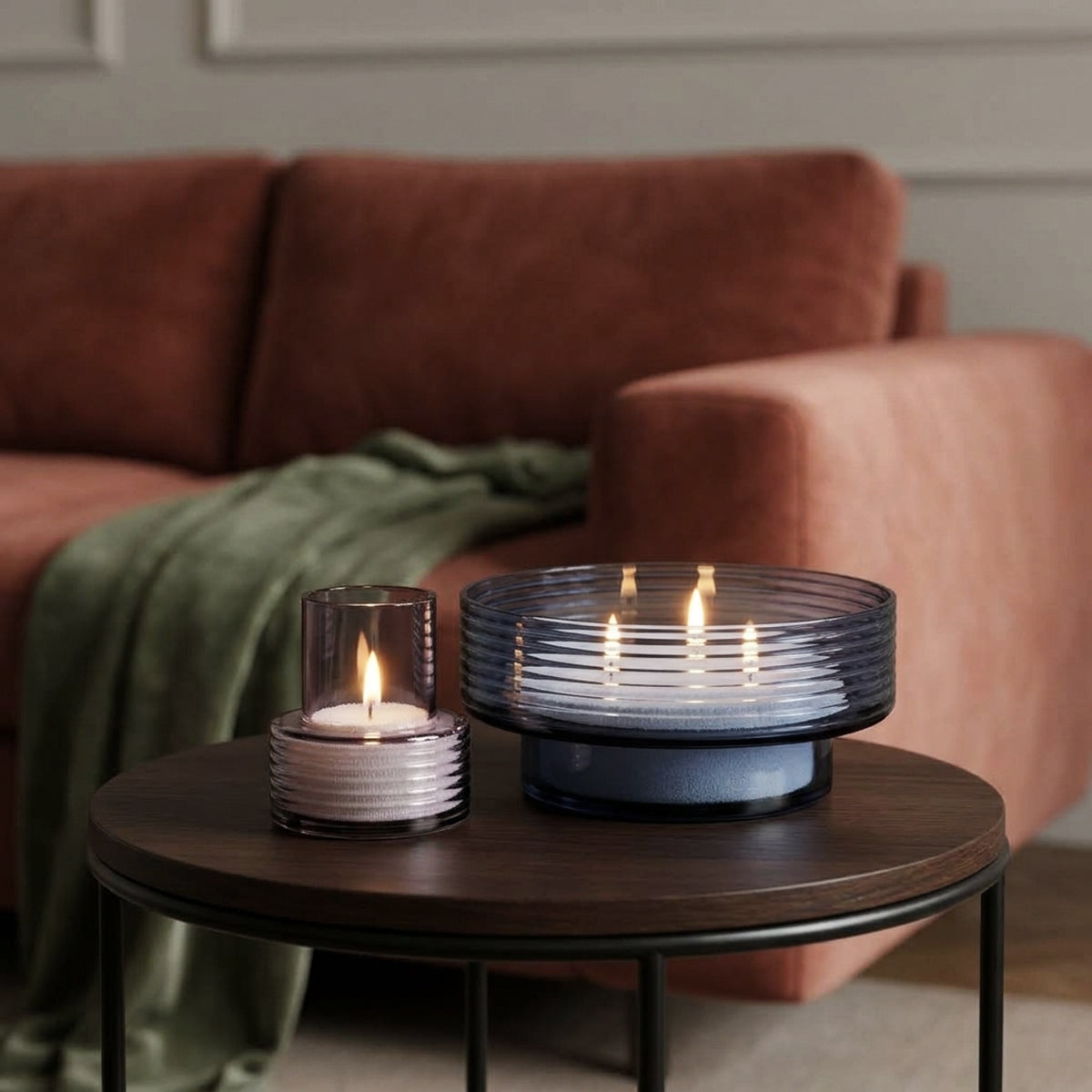 Glass Candle Holders GLOW TOGETHER Large in Boreal Blue and Small in Night Violet-GLASSCOR