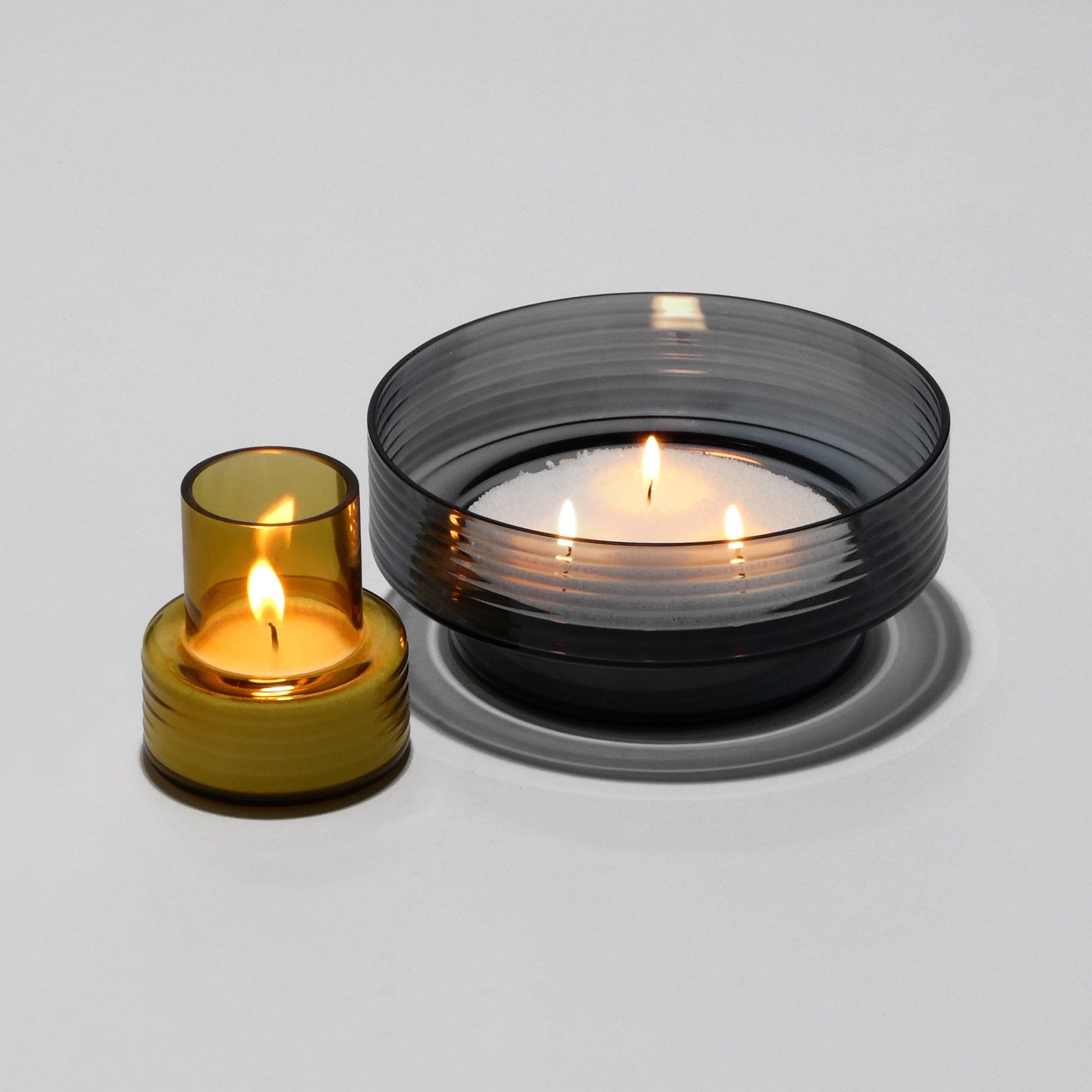 Glass Candle Holders GLOW TOGETHER Small low Mustard and Large Smoke-GLASSCOR