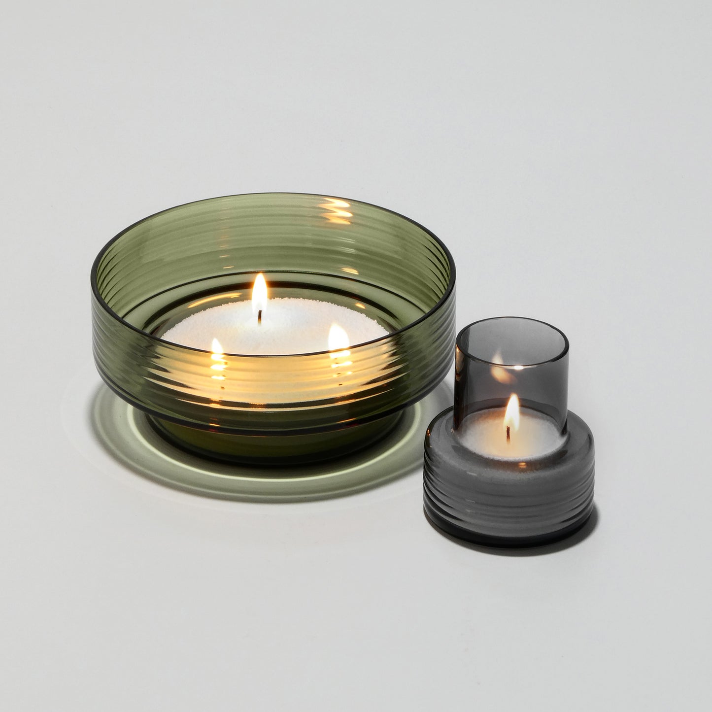 Glass Candle Holders GLOW TOGETHER Small low Smoke and Large SMOKE GREEN-GLASSCOR