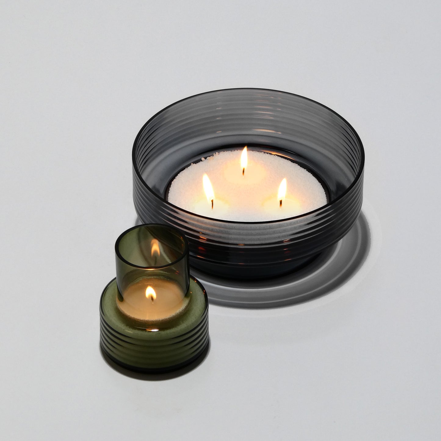 Glass Candle Holders GLOW TOGETHER Small low Smoke Green and Large Smoke-GLASSCOR
