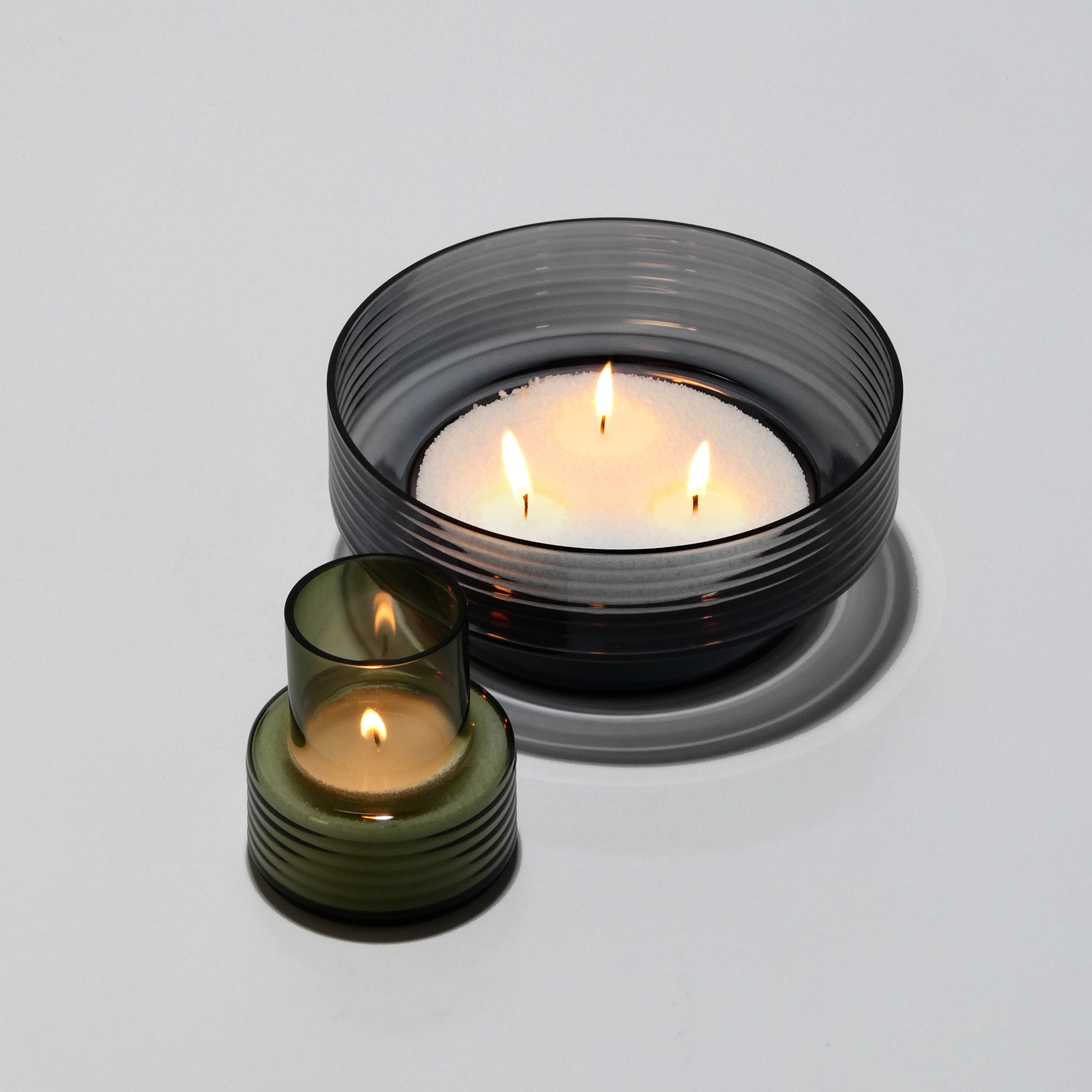 Glass Candle Holders GLOW TOGETHER Small low Smoke Green and Large Smoke-GLASSCOR