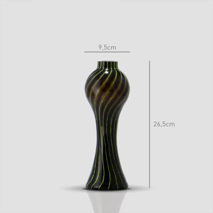 Small Prumo dark glass vase with green stripes, 26.5 cm tall and 9.5 cm wide - Glasscor Store