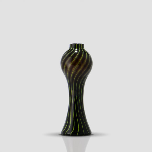 Small Prumo dark glass vase with green stripes, 26.5 cm tall and 9.5 cm wide - Glasscor Store