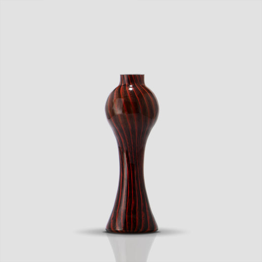 Small Prumo dark glass vase with red stripes, 26.5 cm tall and 9.5 cm wide - Glasscor Store